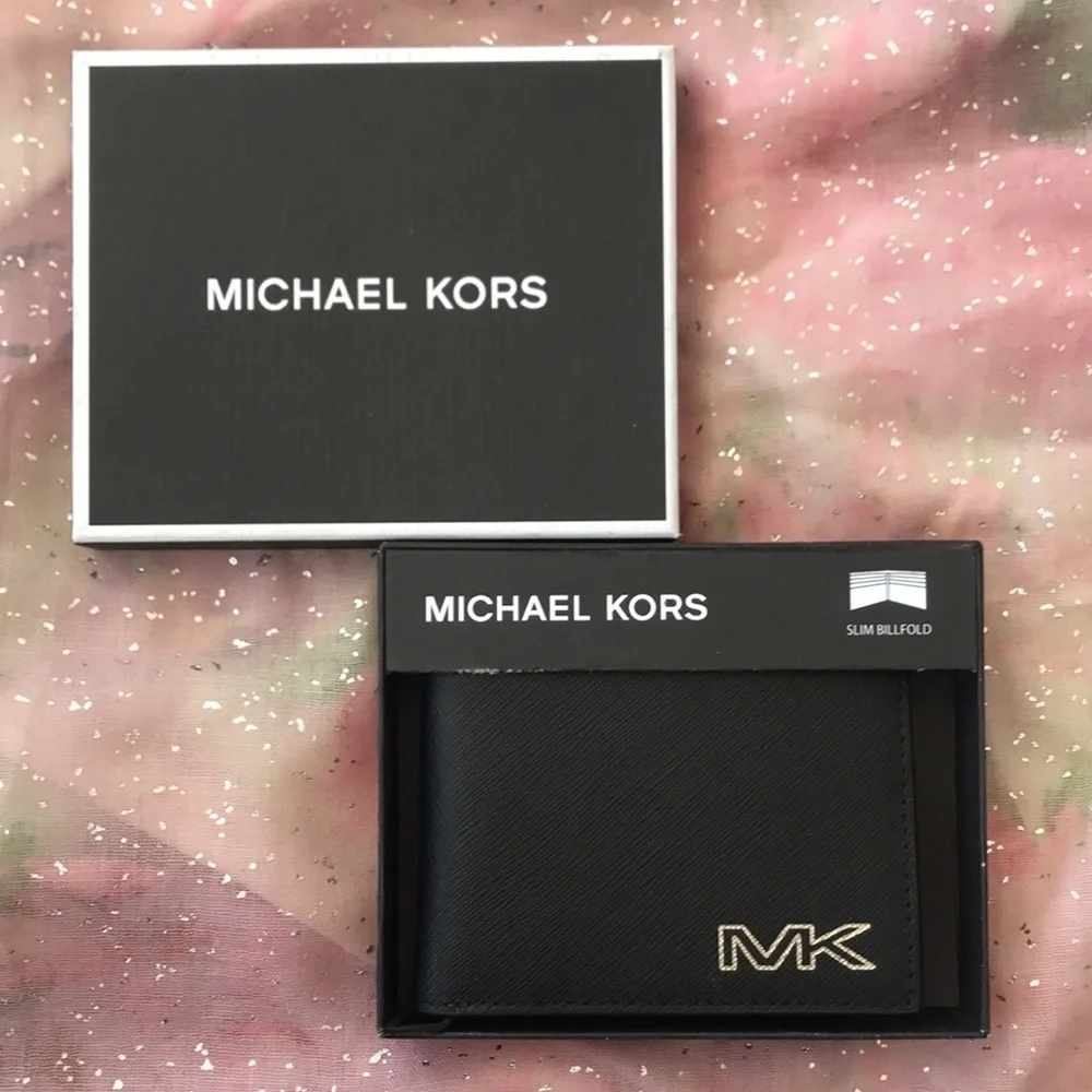 Brand New Michael Kors Genuine Leather Black Slim Billfold Wallet w/ Silver Logo